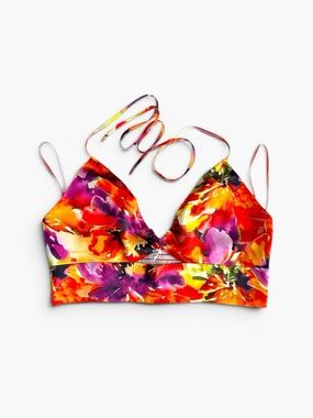 GARAGE Keyhole Satin Halter Top M Painted Floral Orange Tropical Smocked Back